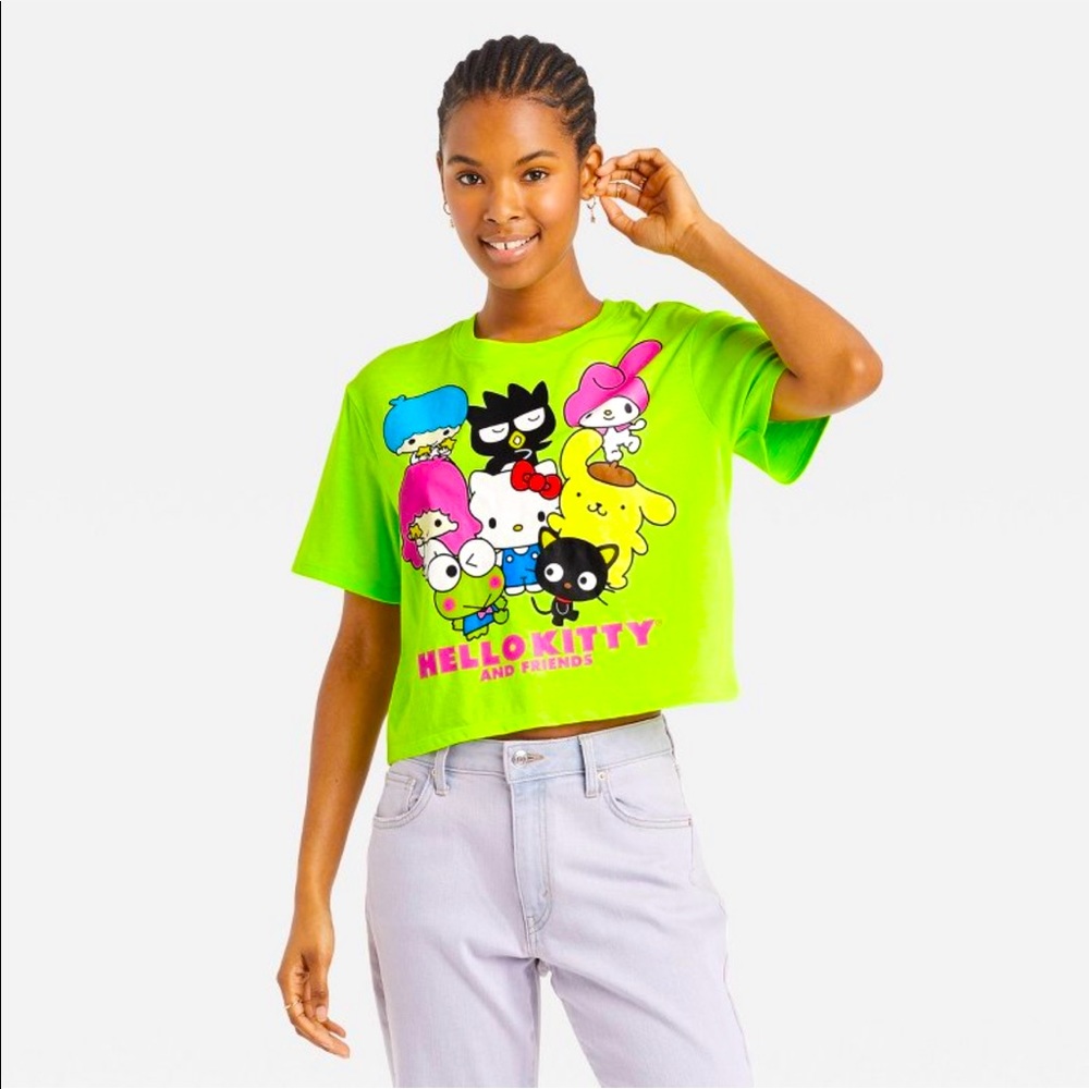 Hello Kitty & Friends Neon Crew Neck Casual Crop Top Tee Keroppi Sanrio Shirt